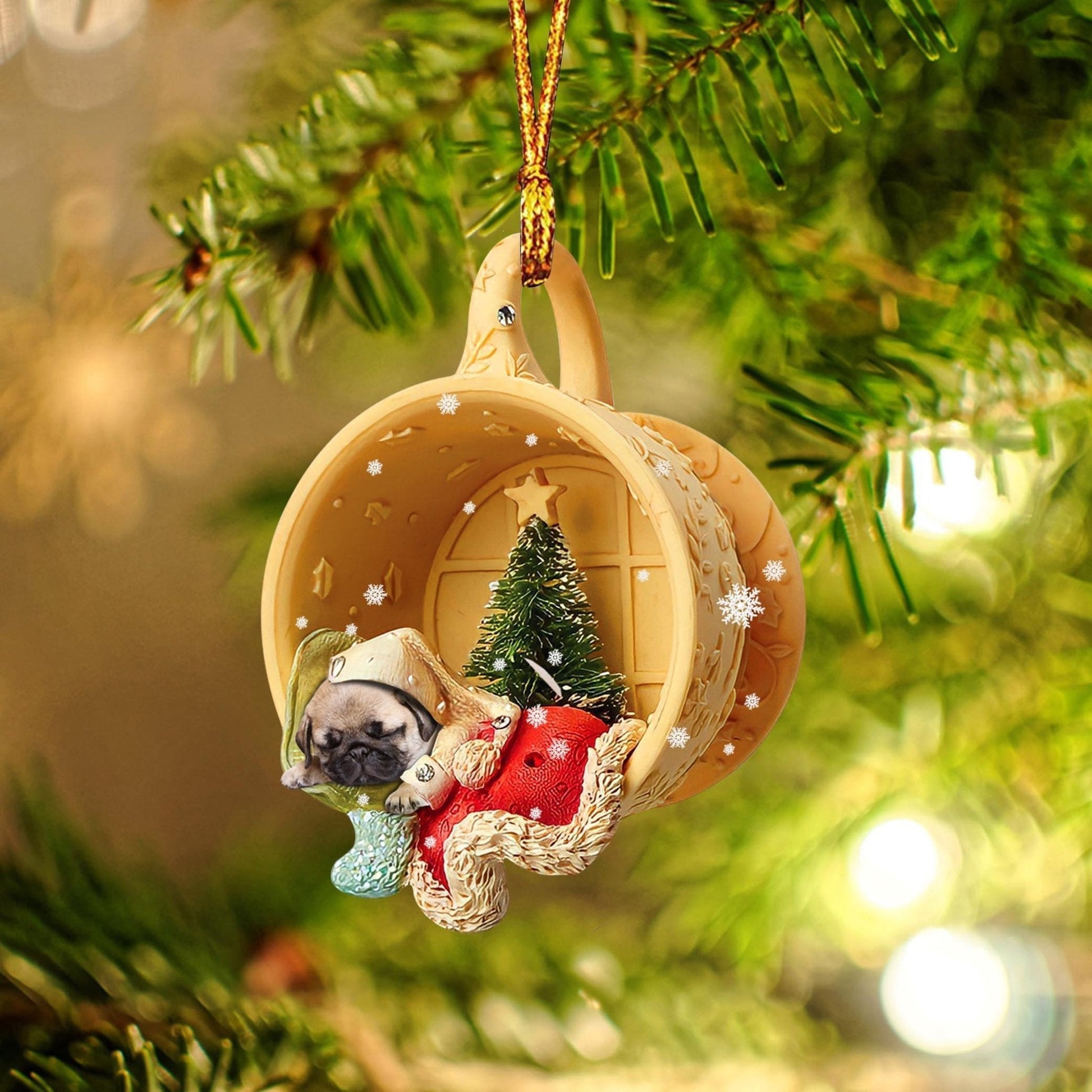 Godmerch Pug Sleeping In A Tiny Cup Christmas Holiday-Two Sided Ornament