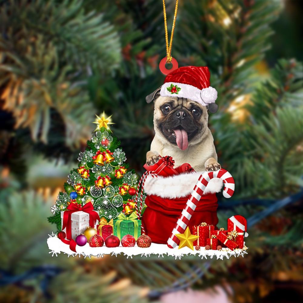 Godmerch- Ornament- Pug Gift Bag Merry Christmas Ornament Dog Ornament, Car Ornament, Christmas Ornament