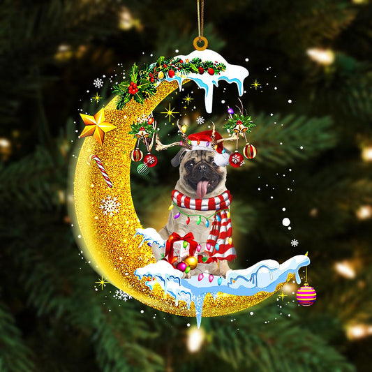 Godmerch- Ornament- Pug On The Moon Merry Christmas Hanging Ornament Dog Ornament, Car Ornament, Christmas Ornament