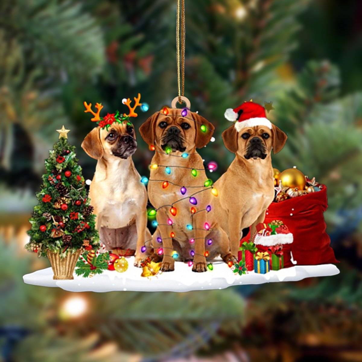 Godmerch- Ornament- Puggle-Christmas Dog Friends Hanging Ornament, Happy Christmas Ornament, Car Ornament