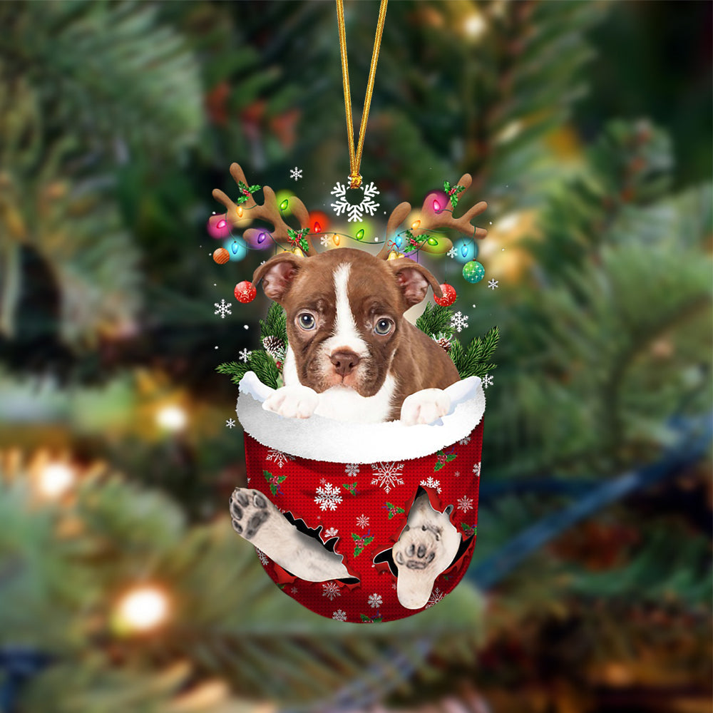 Ornament- RED Boston Terrier-In Christmas Pocket Two Sides Ornament, Happy Christmas Ornament, Car Ornament