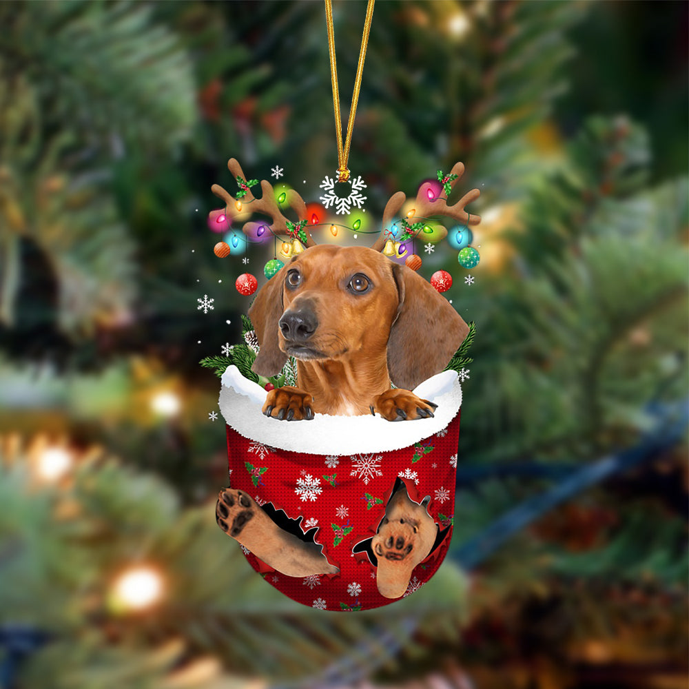 Ornament- RED Dachshund-In Christmas Pocket Two Sides Ornament, Happy Christmas Ornament, Car Ornament
