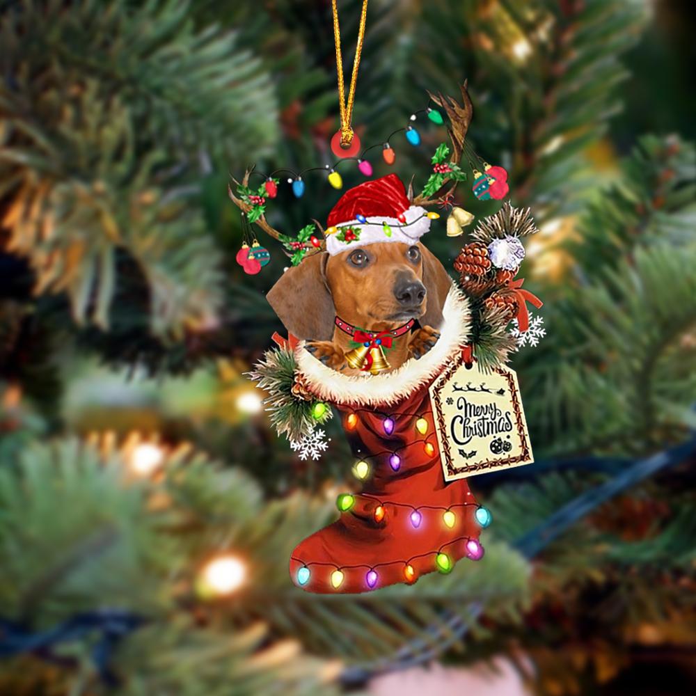 Godmerch- Ornament- RED Dachshund-Xmas Boot-Two Sided Ornament, Happy Christmas Ornament, Car Ornament