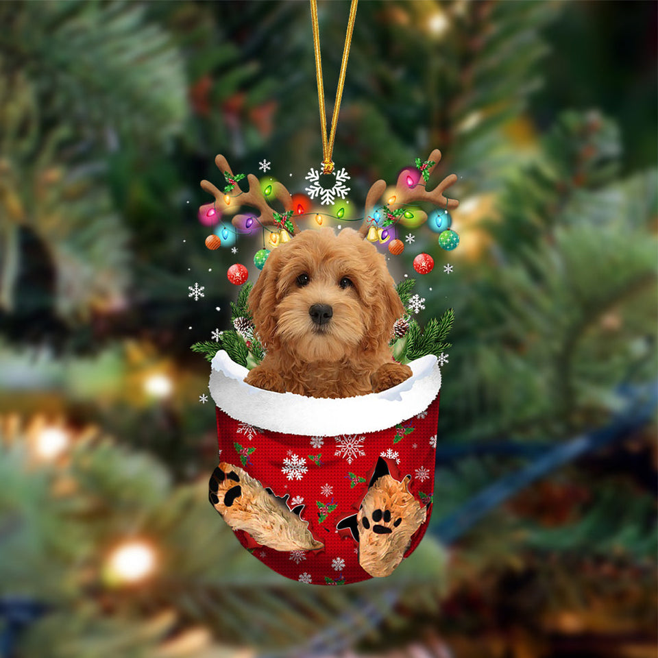 Ornament- RED Goldendoodle-In Christmas Pocket Two Sides Ornament, Happy Christmas Ornament, Car Ornament