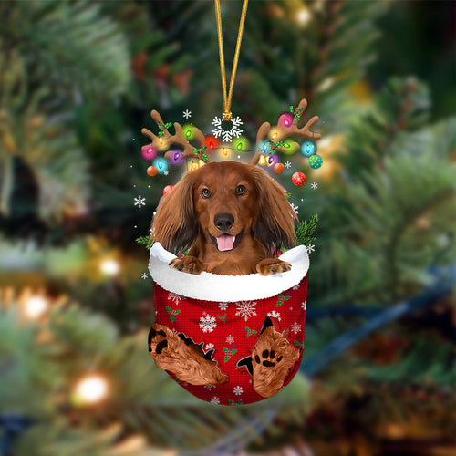 Ornament- RED LONG HAIRED Dachshund-In Christmas Pocket Two Sides Ornament, Christmas Ornament, Car Ornament