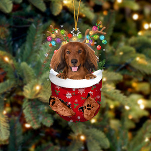 RED LONG HAIRED Dachshund In Snow Pocket Christmas Ornament Flat Acrylic Dog Ornament