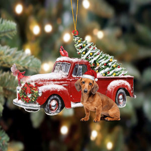 Godmerch- Ornament- Red Dachshund-Cardinal & Truck Two Sided Ornament, Happy Christmas Ornament, Car Ornament