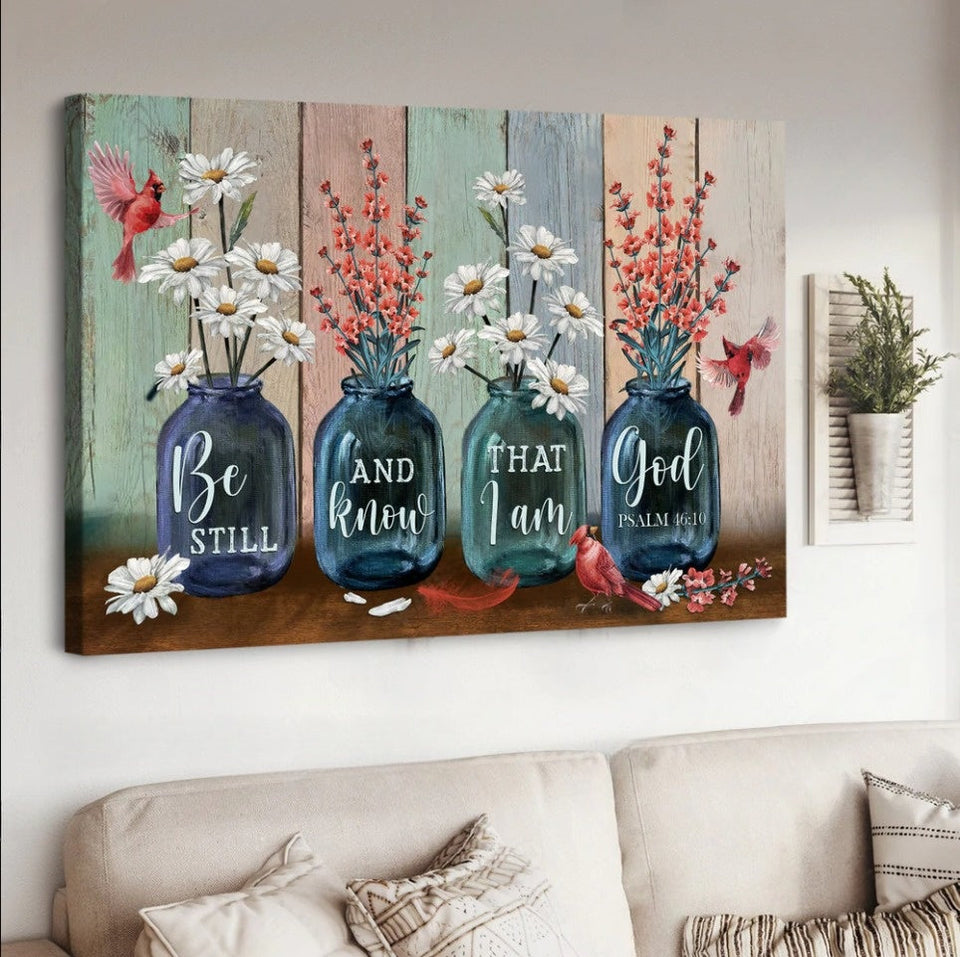Red apricot blossom Daisy flower Cardinal Be still and know that I am God - Matte Canvas