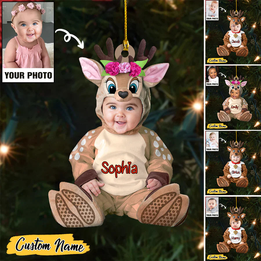 Reindeer Custume Baby Girls And Boy Custom Photo With Name Ornament CTH01