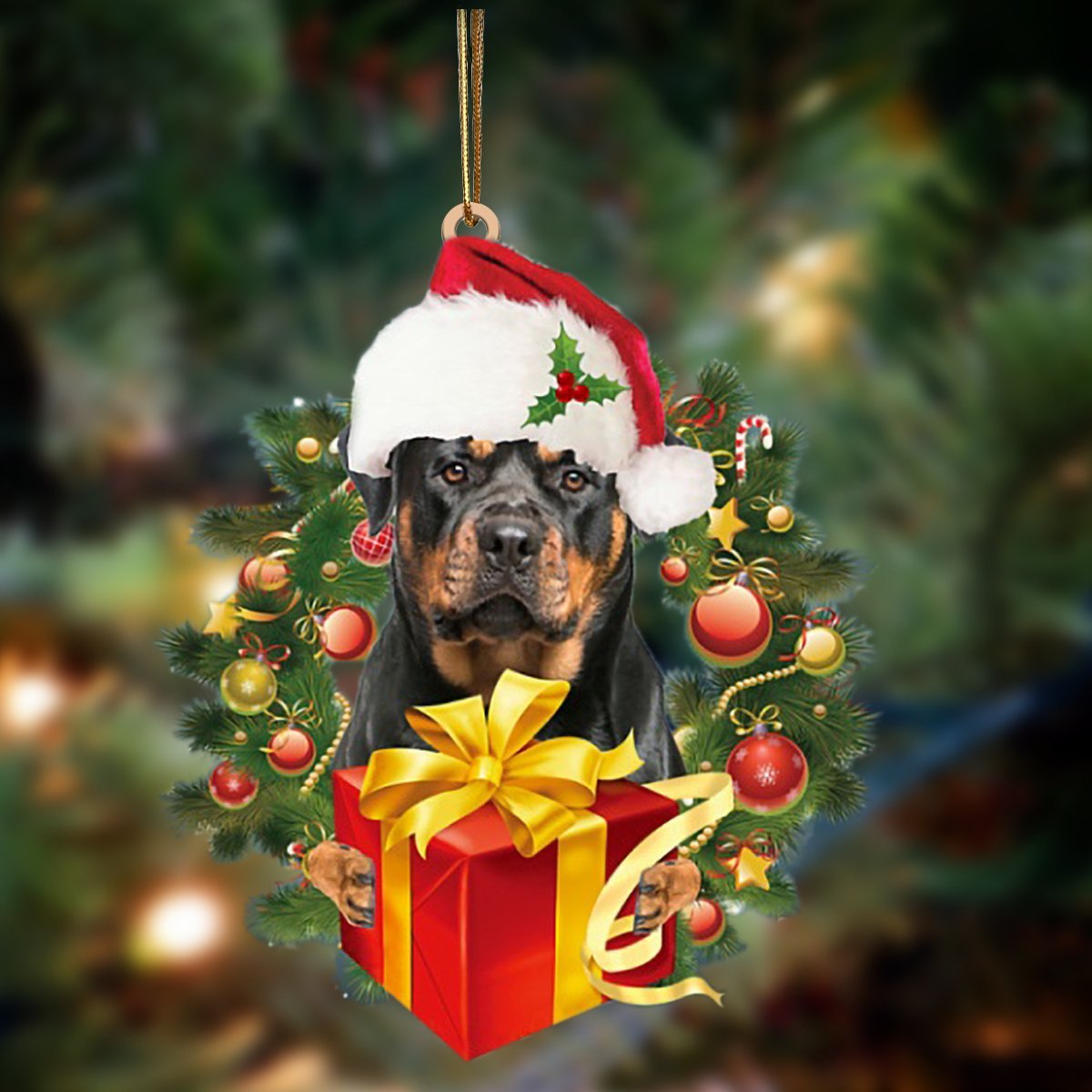 Rottweiler 2-Dogs Give Gifts Hanging Ornament