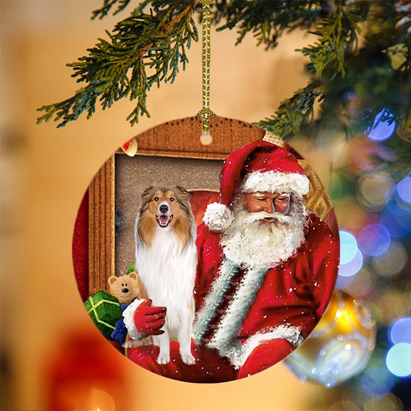 Godmerch- Ornament- Rough Collie With Santa Christmas Ornament, Happy Christmas Ornament, Car Ornament