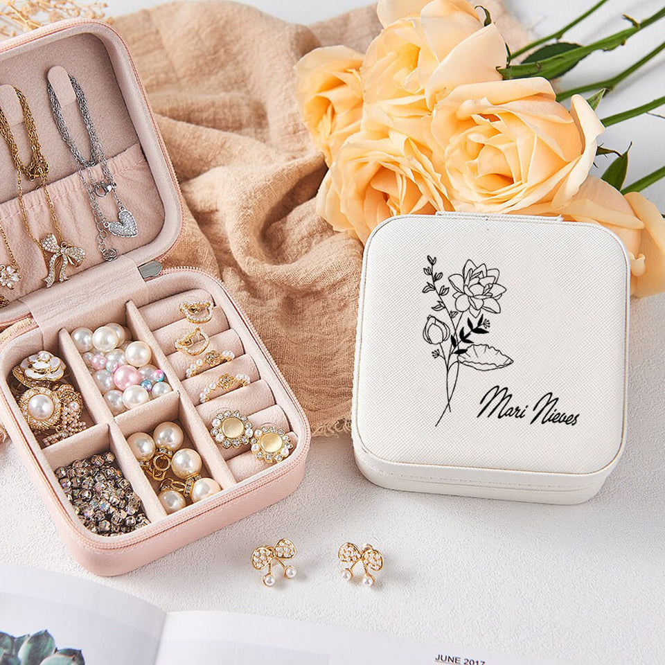 Birth Flower Jewelry Travel Case, Birth Month Flower Gift, Personalized Birthday Gift, Leather Jewelry Travel Case, Custom Jewelry Case