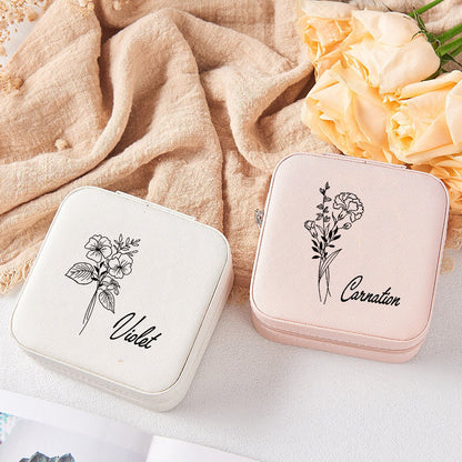 Birth Flower Jewelry Travel Case, Birth Month Flower Gift, Personalized Birthday Gift, Leather Jewelry Travel Case, Custom Jewelry Case