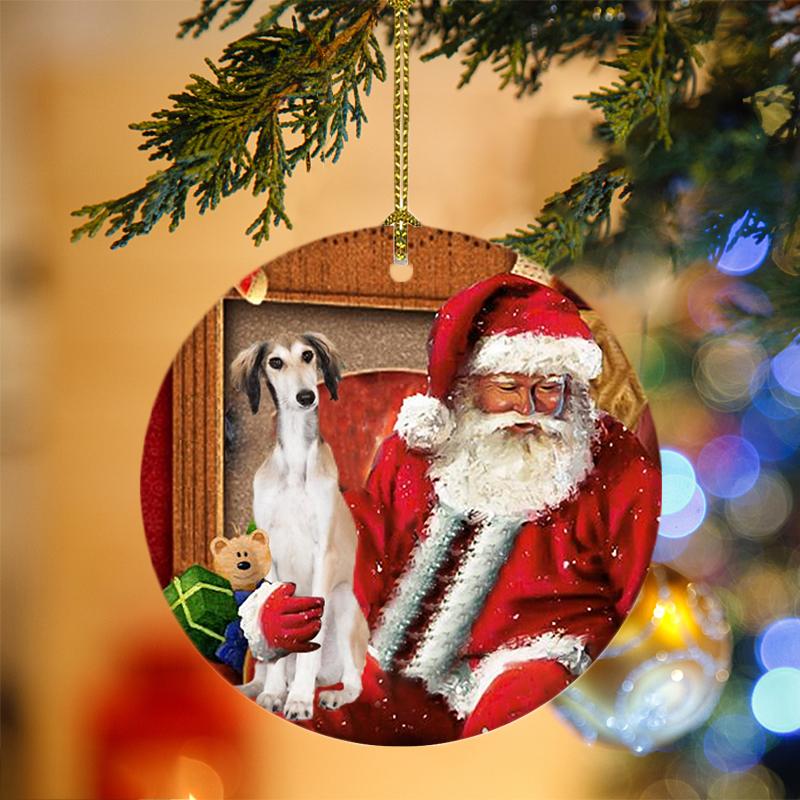 Godmerch- Ornament- Saluki With Santa Christmas Ornament, Happy Christmas Ornament, Car Ornament