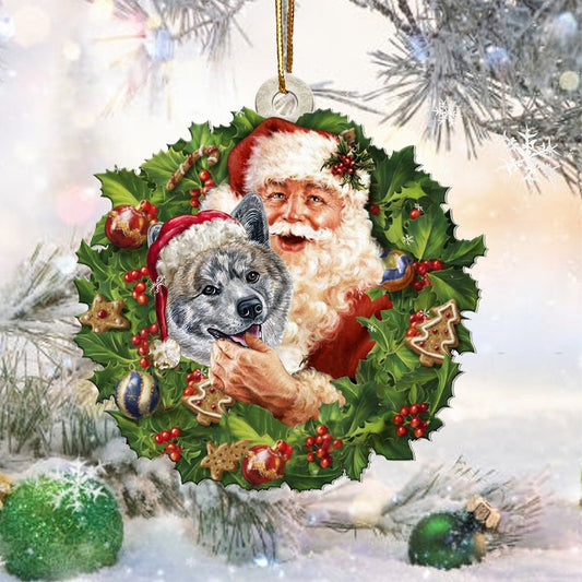 Santa Holds The Brindle Akita-Two Sided Ornament