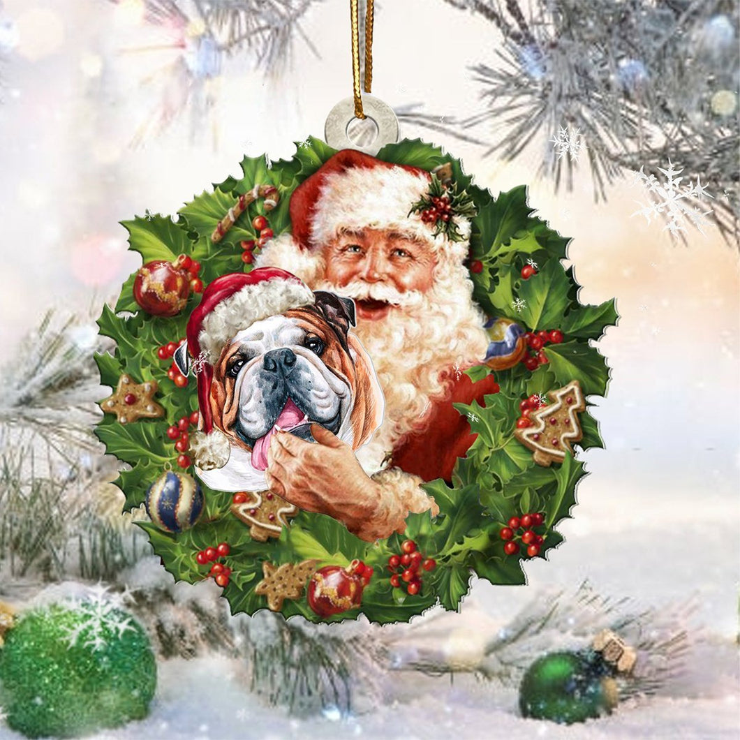 Santa Holds The English Bulldog-Two Sided Ornament