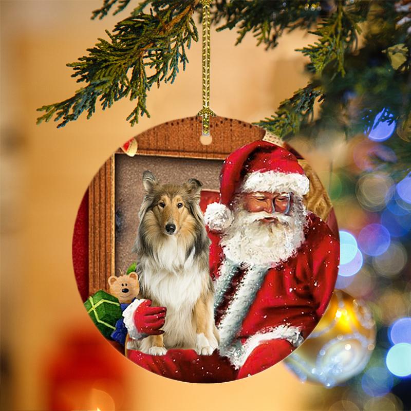 Godmerch- Ornament- Scotch Collie With Santa Christmas Ornament, Happy Christmas Ornament, Car Ornament