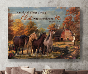 Horses Autumn forest I can do all things through Christ who strengthens me - Matte Canvas