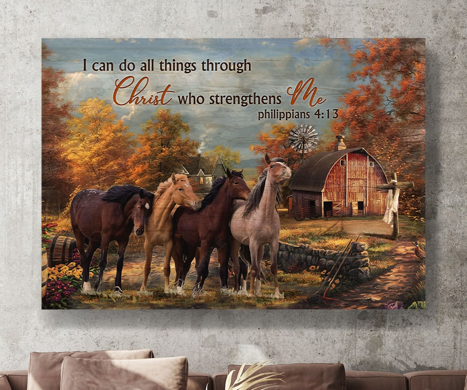 Horses Autumn forest I can do all things through Christ who strengthens me - Matte Canvas