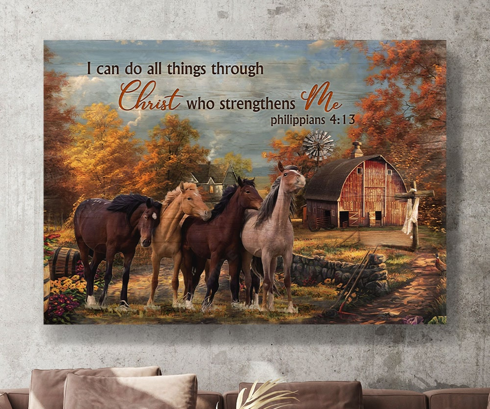 Horses Autumn forest I can do all things through Christ who strengthens me - Matte Canvas