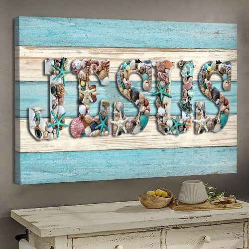 Seashell painting Blue starfish Jesus - Matte Canvas