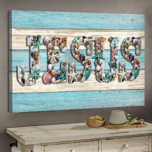 Seashell painting Blue starfish Jesus - Matte Canvas