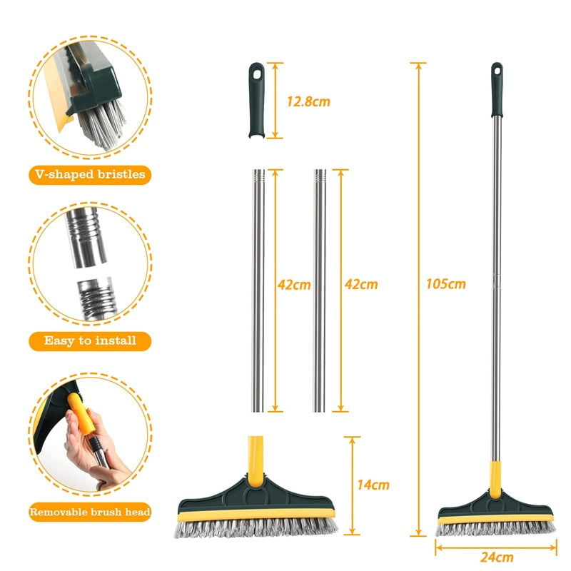 Scrubber Long-handled Floor Brush and Rotating Crevice Cleaner for Bathroom and Kitchen with Triangular Brush Head and Squeegee