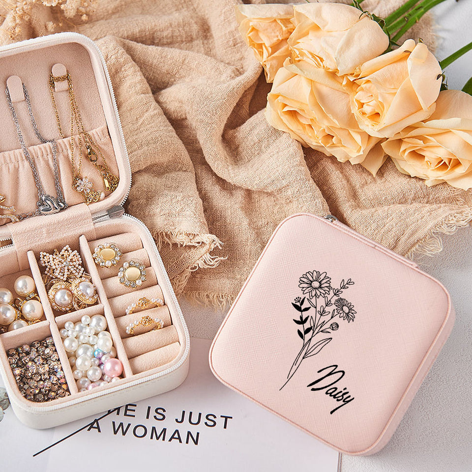 Birth Flower Jewelry Travel Case, Birth Month Flower Gift, Personalized Birthday Gift, Leather Jewelry Travel Case, Custom Jewelry Case