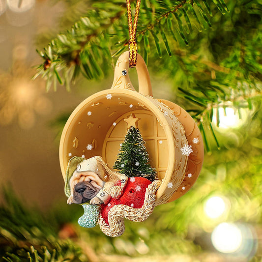 Shar Pei Sleeping in a tiny cup Christmas Holiday-Two Sided Ornament, Christmas Ornament, Car Ornament