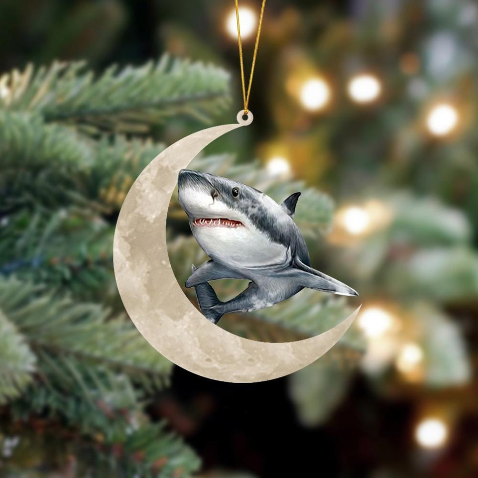 Godmerch- Ornament- Shark Sits On The Moon Hanging Ornament Dog Ornament, Car Ornament, Christmas Ornament