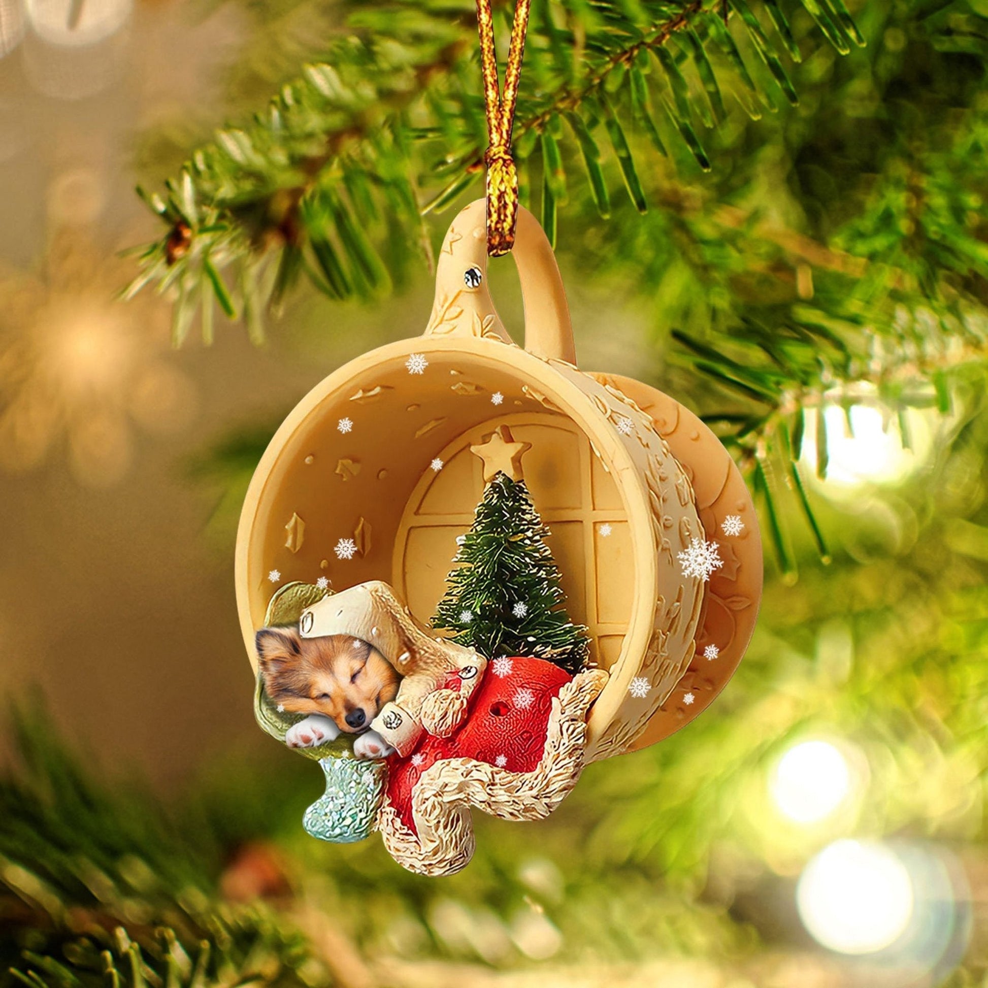 Sheltie Sleeping in a tiny cup Christmas Holiday-Two Sided Ornament, Christmas Ornament, Car Ornament