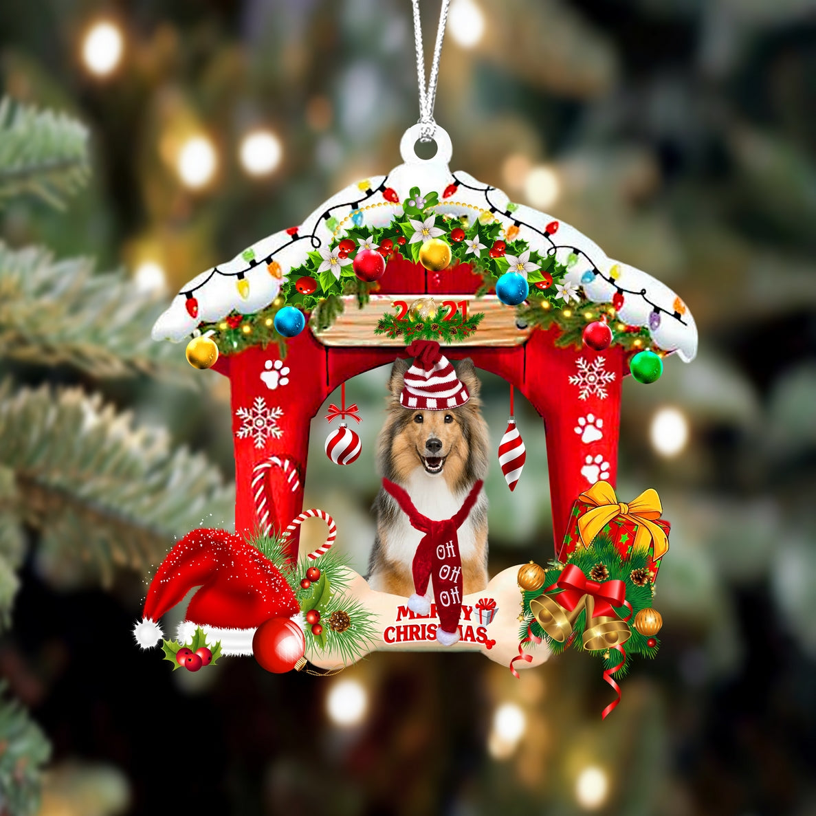 Ornament- Shetland Sheepdog-Christmas House Two Sided Ornament, Happy Christmas Ornament, Car Ornament