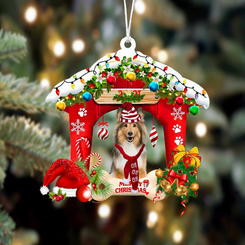 Ornament- Shetland Sheepdog-Christmas House Two Sided Ornament, Happy Christmas Ornament, Car Ornament