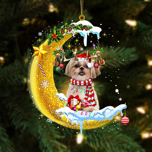 Godmerch- Shih Tzu On The Moon Merry Christmas Hanging Ornament Dog Ornament, Car Ornament, Christmas Ornament