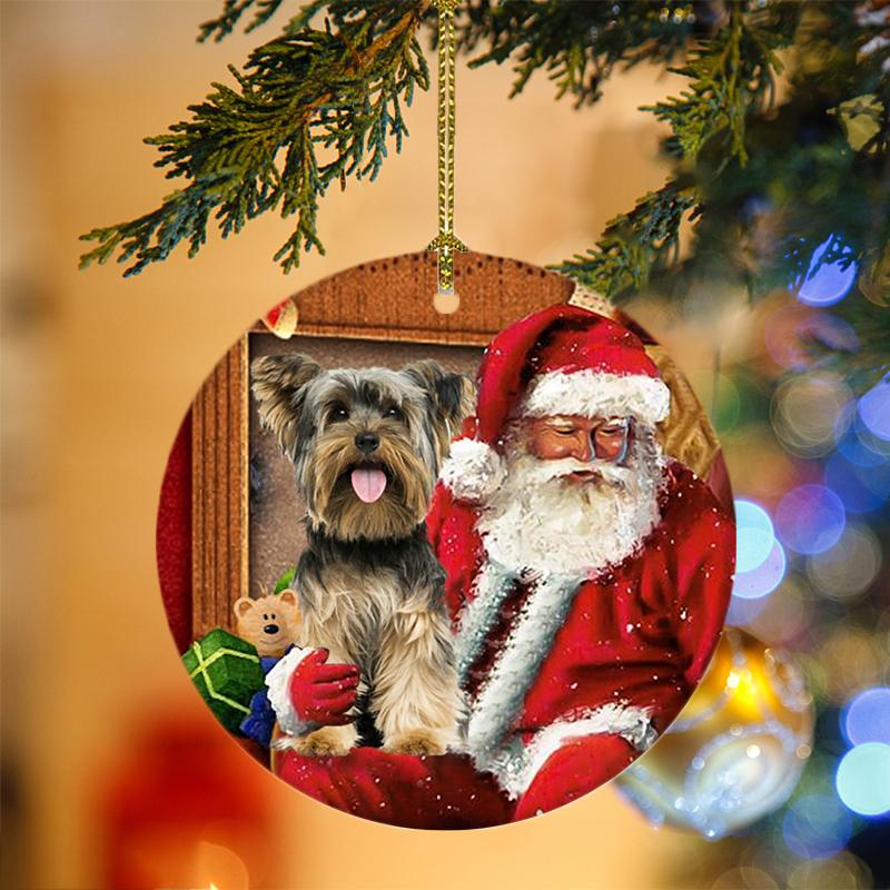 Godmerch- Ornament- Yorkshire Terrier With Santa Christmas Ornament, Happy Christmas Ornament, Car Ornament