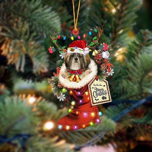 Godmerch- Ornament- Shih Tzu 1-Xmas Boot-Two Sided Ornament, Happy Christmas Ornament, Car Ornament
