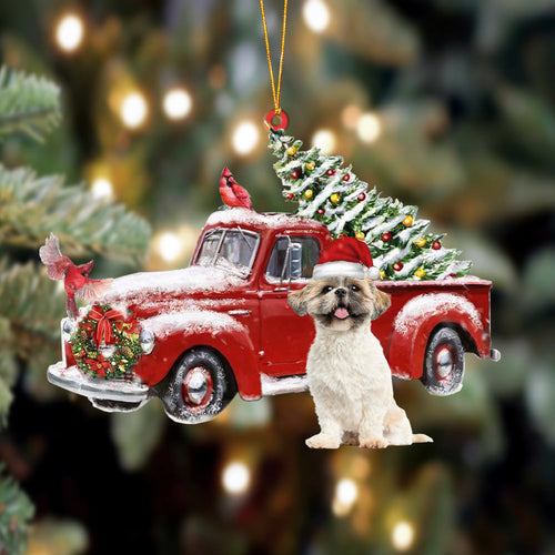 Godmerch- Ornament- Shih Tzu 2-Cardinal & Truck Two Sided Ornament, Happy Christmas Ornament, Car Ornament
