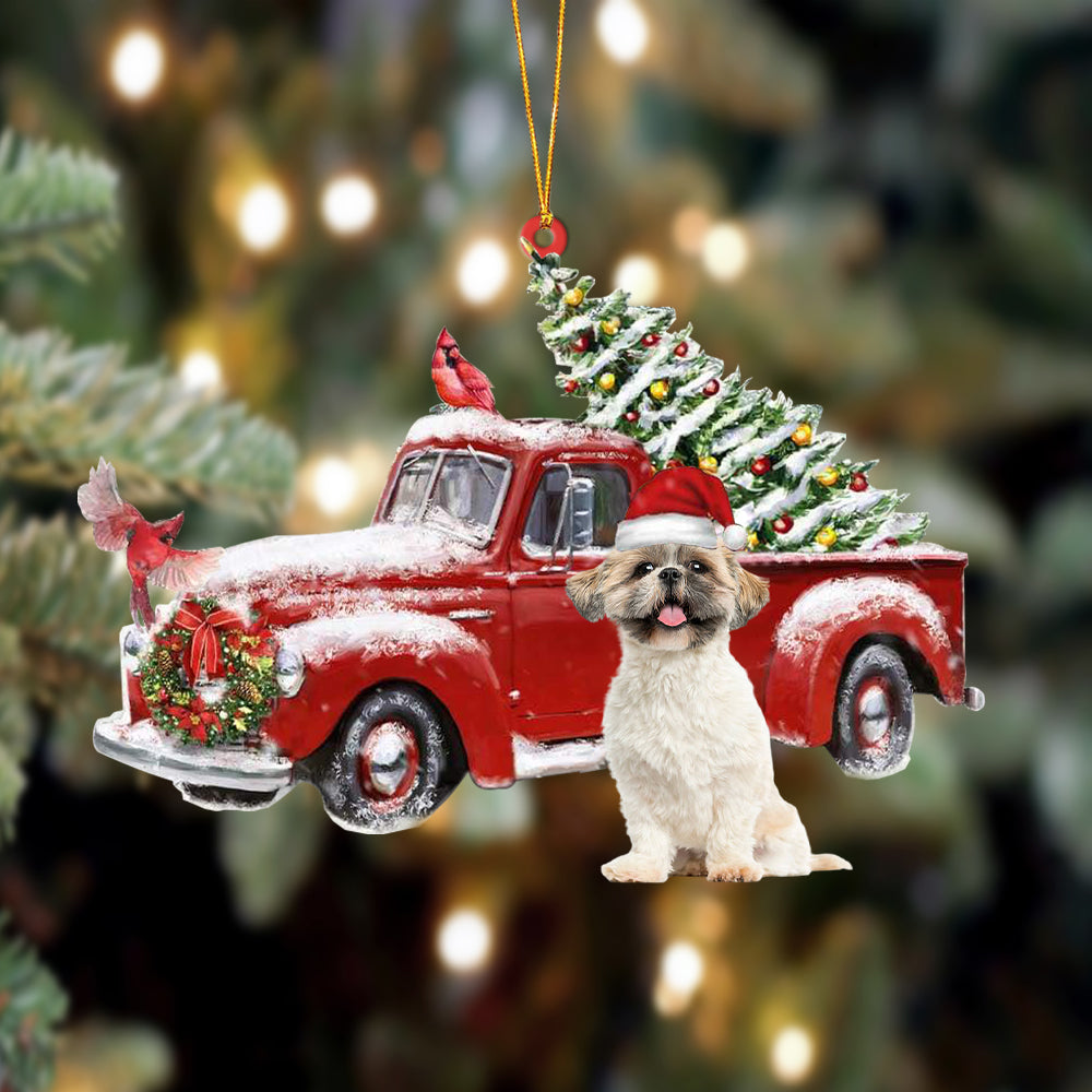 Godmerch- Ornament- Shih Tzu 2-Cardinal & Truck Two Sided Ornament, Happy Christmas Ornament, Car Ornament