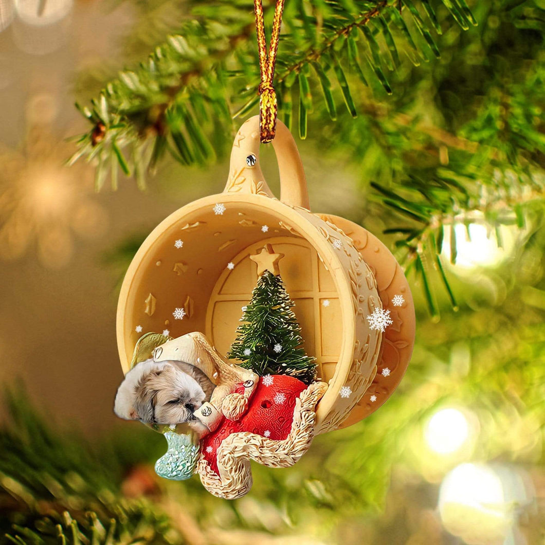 Godmerch- Ornament- Shih Tzu Sleeping In A Cup Christmas Ornament Dog Ornament, Car Ornament, Christmas Ornament