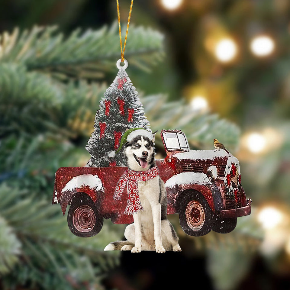 Godmerch- Ornament- Siberian Husky-Christmas Truck Two Sided Ornament, Happy Christmas Ornament, Car Ornament