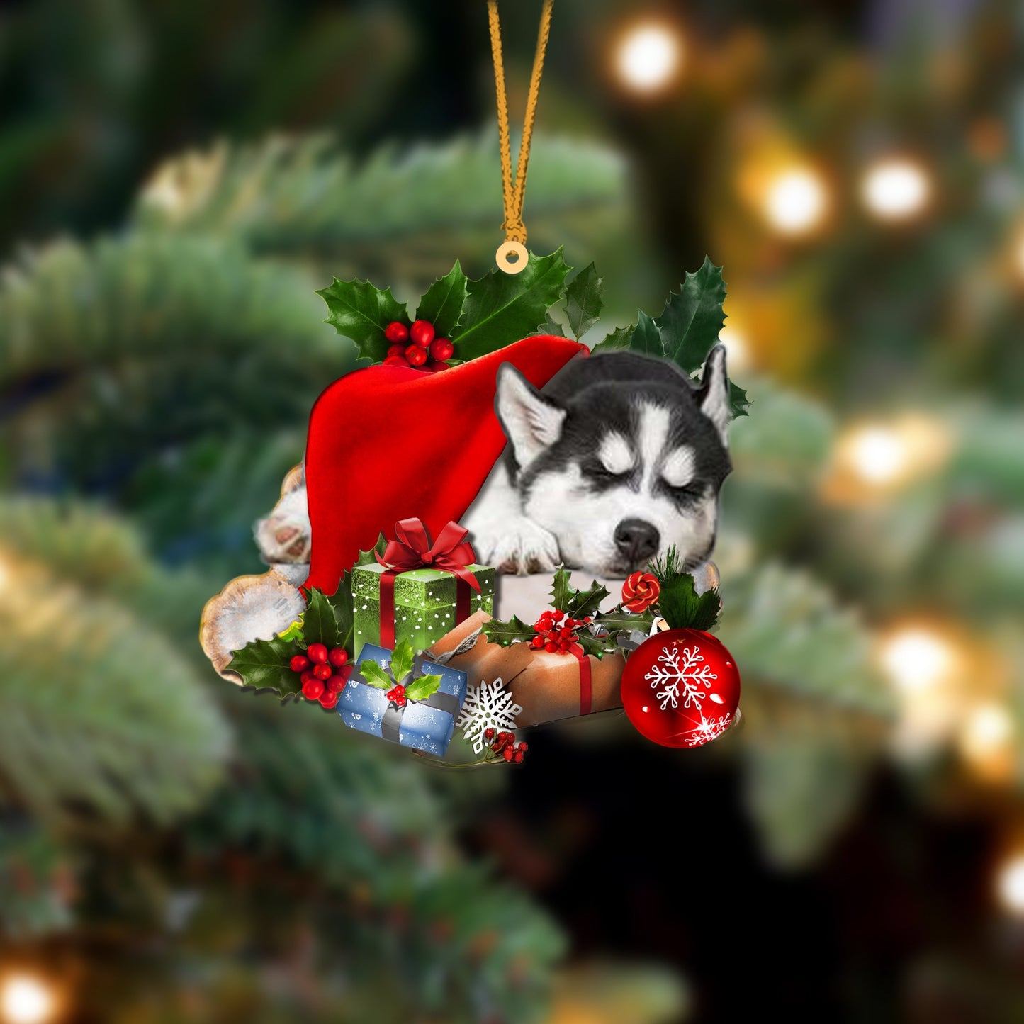 Siberian Husky-Sleeping In Hat Two Sides Ornament Dog Sleeping Ornament