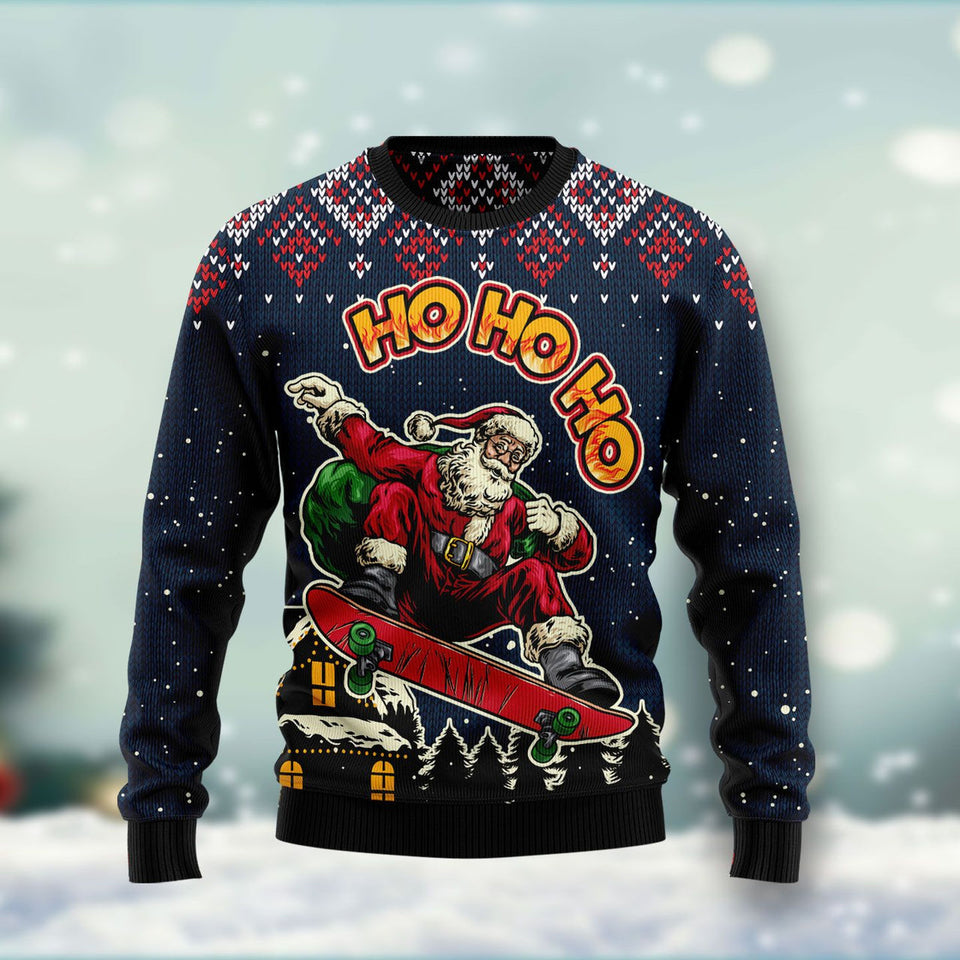 Skater Santa Claus Ho Ho Ho Ugly Christmas Sweater 