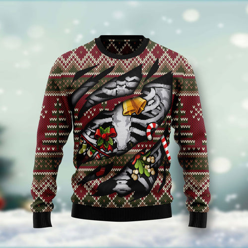 Skeleton Candy Cane Ugly Christmas Sweater 