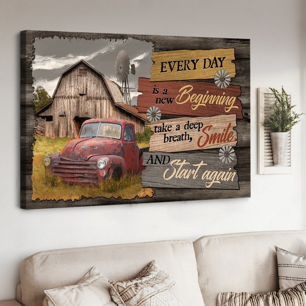 Old car Wooden barn Windmill Every day is a new beginning - Matte Canvas