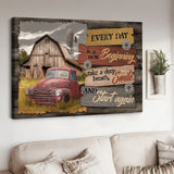 Old car Wooden barn Windmill Every day is a new beginning - Matte Canvas