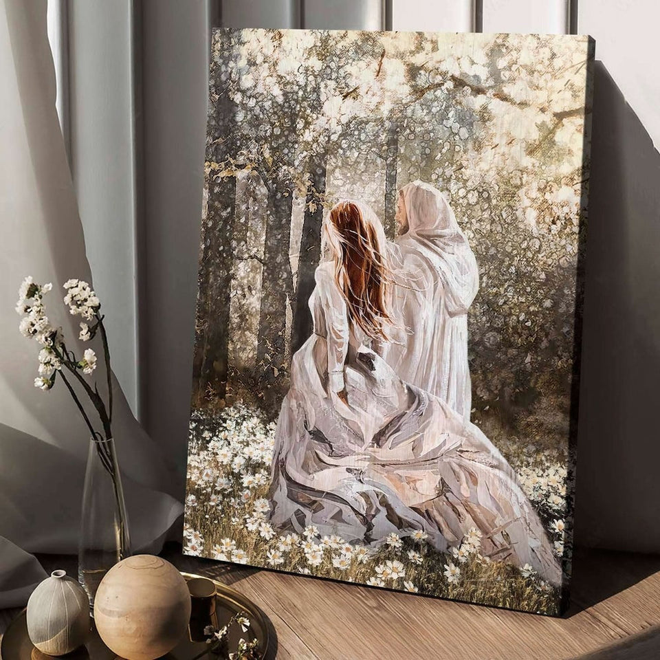 Beautiful girl walking with Jesus in the flower field - Matte Canvas