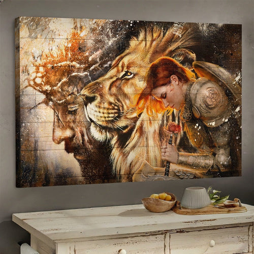 Female knight Praying to Jesus Lion of Judah - Matte Canvas