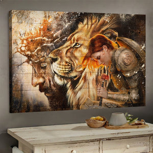 Female knight Praying to Jesus Lion of Judah - Matte Canvas