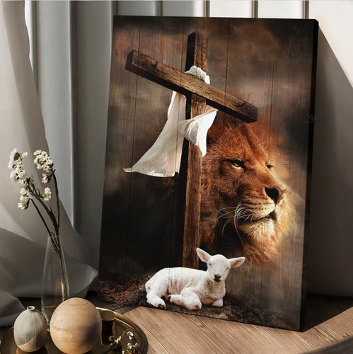 Cross Lion drawing Lamb of God King of Kings - Matte Canvas