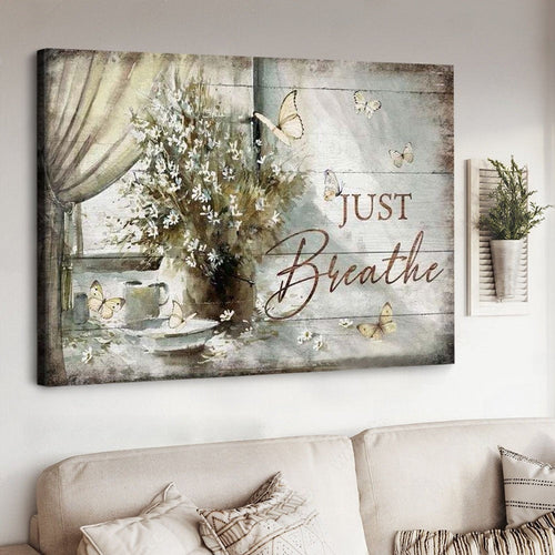 Flower vase by the window Vintage painting Just breathe Jesus - Matte Canvas